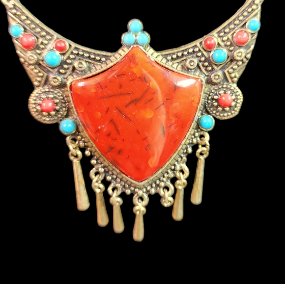 Vintage Beaded red and turquoise tribal necklace with large red stone - Picture 2 of 9